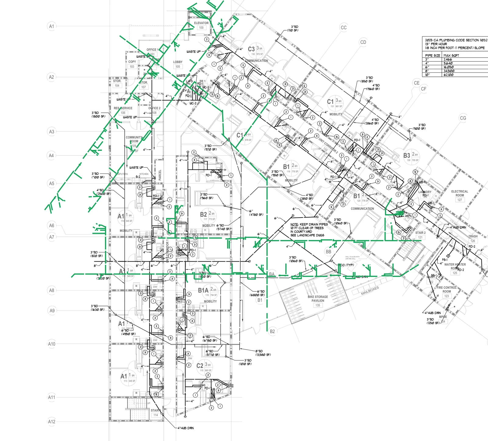 Measured pipe routes traced across a plumbing plan